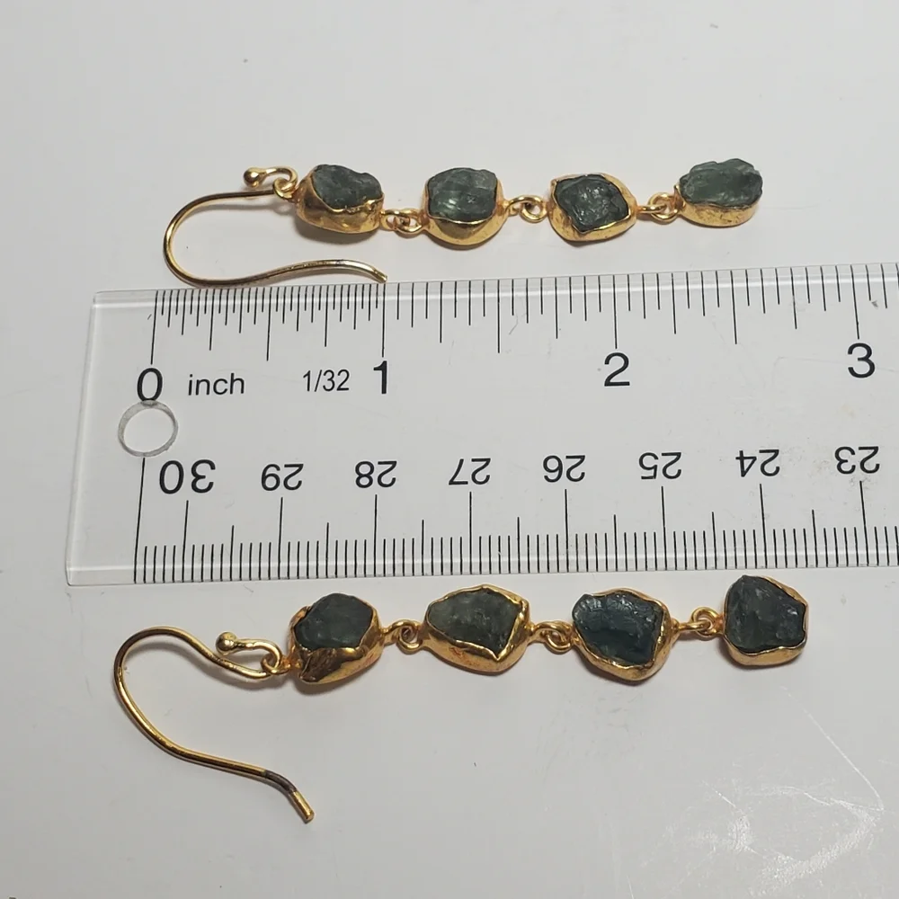 SEMIPRECIOUS Apatite Gemstone Dangle Earrings Green Stones in Gold Setting NEW - Picture 5 of 6